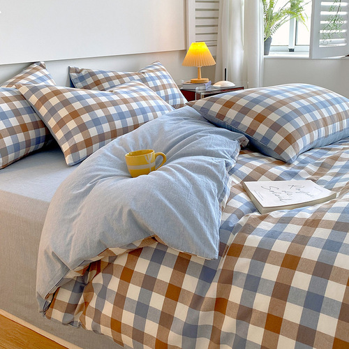 Pure Cotton Japanese Check Water Washed Cotton Quilt Set Four Piece Set Full Cotton Bed Skirt Set Student Dormitory Three Piece Bedding Set Wholesale