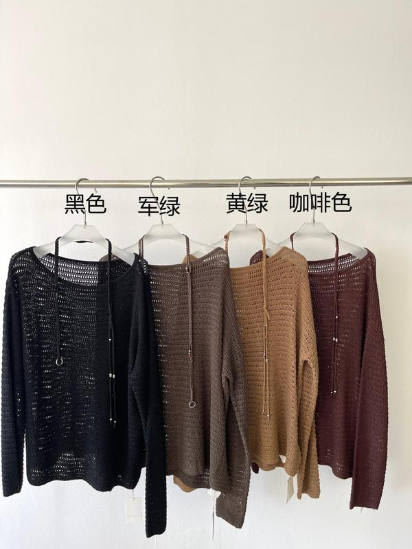2025秋季新款慵懒风宽松天丝亚麻女式针织衫圆领镂空毛衫女W1098|undefined