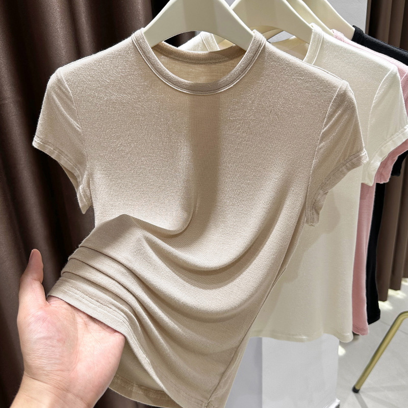 アプリコットラウンドネックニットトップレディース夏右肩半袖モーダルTシャツ薄手スリムインナーレイヤリングシャツ|undefined