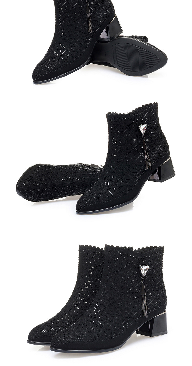 Boot cổ thấp nữ da lưới gót thô thoáng khí, đính đá lấp lánh — màu đen chi tiết 10