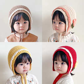 宝宝帽子秋冬款洋气手工花朵公主女孩加厚保暖时尚女童护耳包头帽