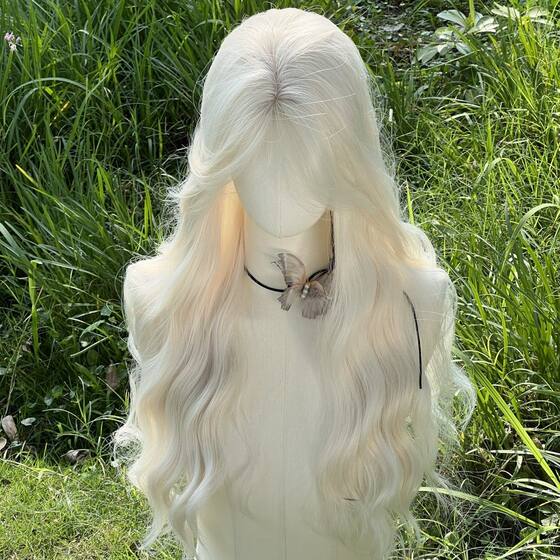 Xuchang Wig Women's White Blonde Full Hair Style Eight-character Bangs Long Curly Hair Natural Breathable Lightweight Curly Hair Set