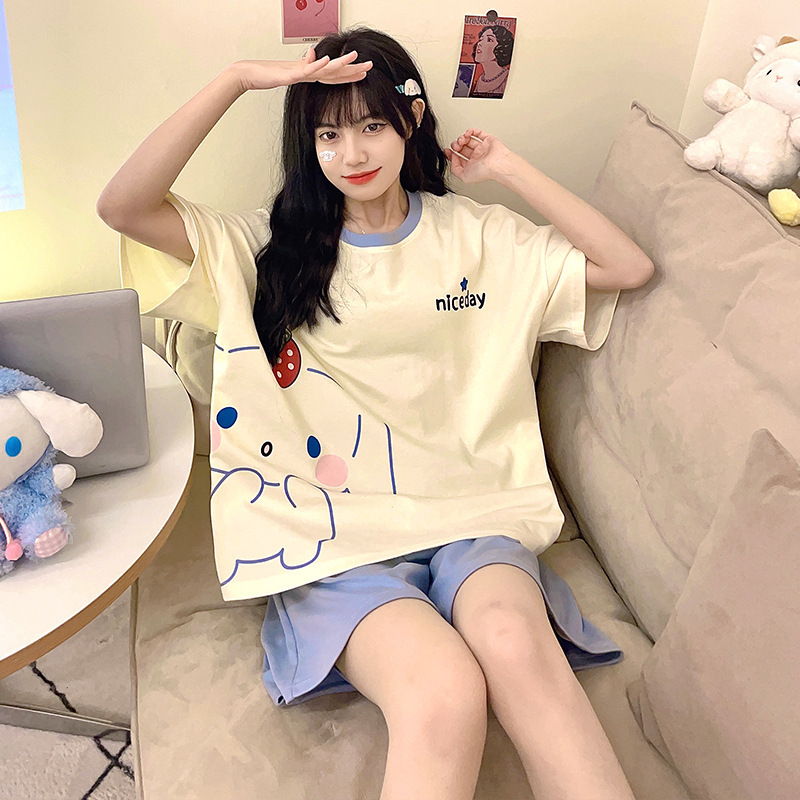 2025 新しいパジャマ女性の夏の半袖ショーツ漫画ファット mm 大きいサイズ夏の女性のホームウェアツーピーススーツ|undefined
