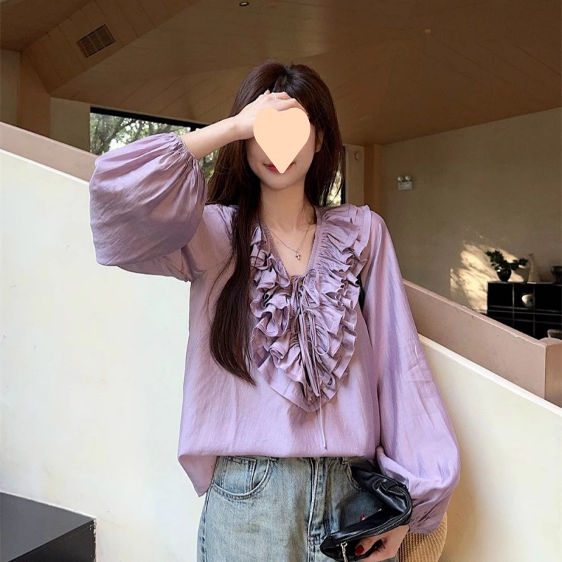 法式荷叶边抽绳领衬衫女2025春季新款洋气小众独特别致长袖衬衣|undefined