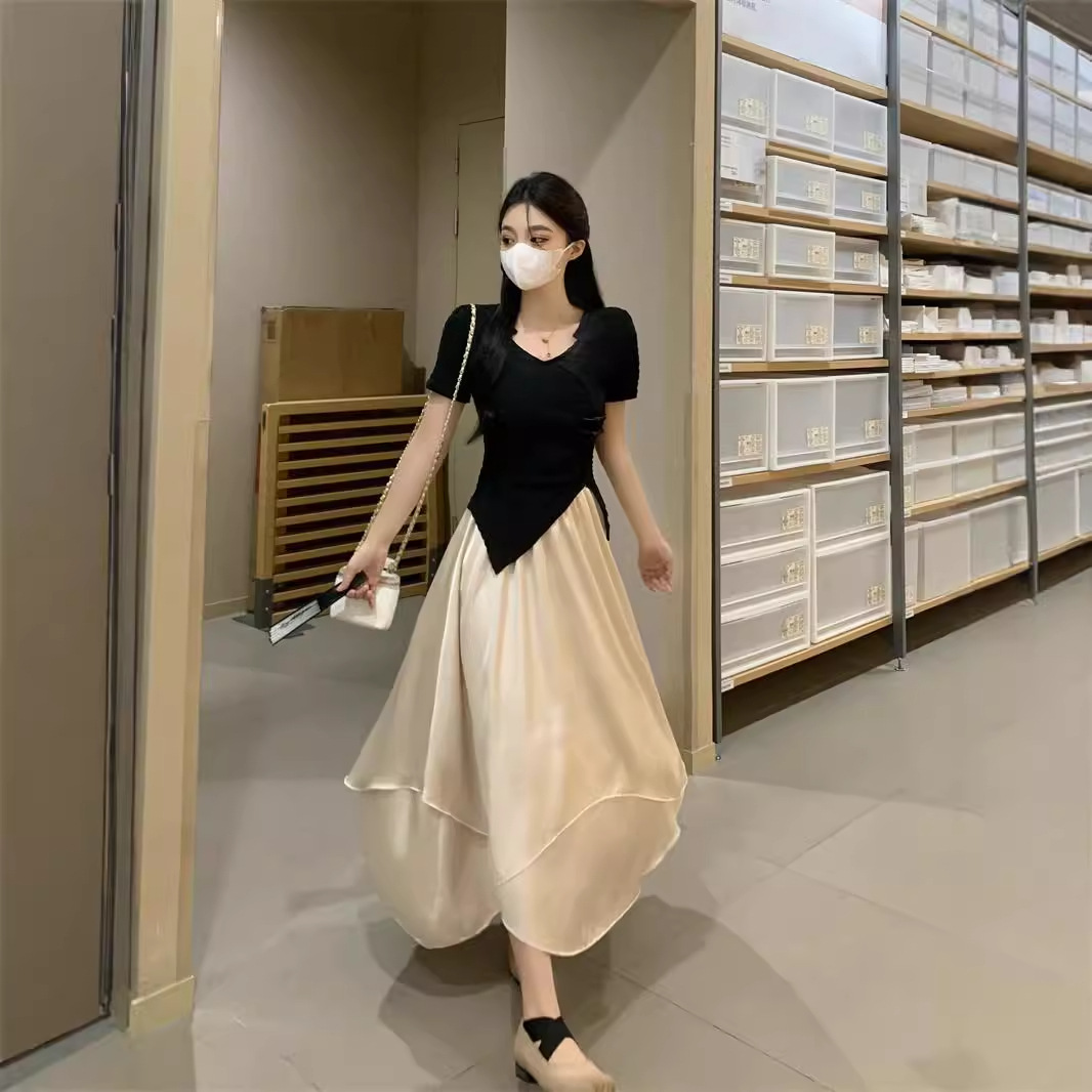 퓨어 디자이어 스타일 슈트 여성 신상 한국 스타일 불규칙 반팔 셔츠 + 새틴 하프 길이 스커트 학생 투피스 슈트