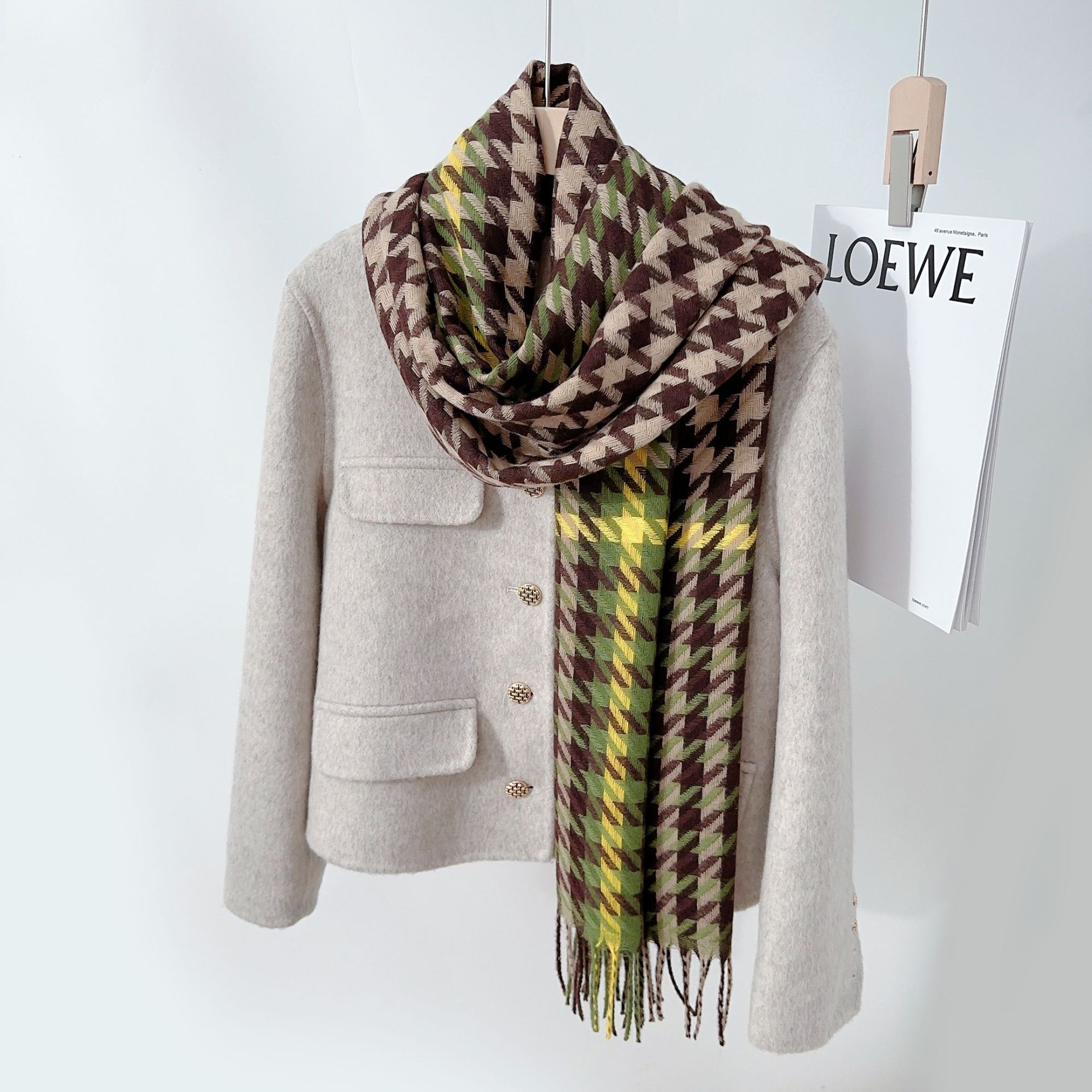 Colores contrastantes bufandas de cuadrillas de pájaros mujeres otoño y invierno imitación de cashmere coreana versátil estudiantes gruesos collar calentamiento velo sopa image 7