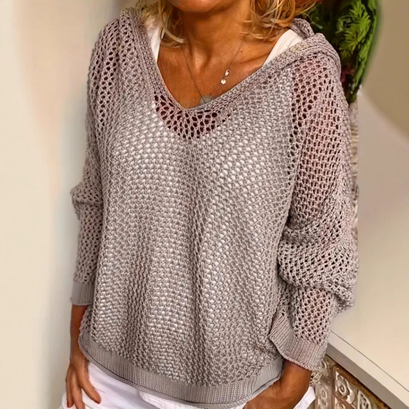 European and American plus size Women's Amazon wish Long Sleeve Top plus size Hooded Hollow Knit