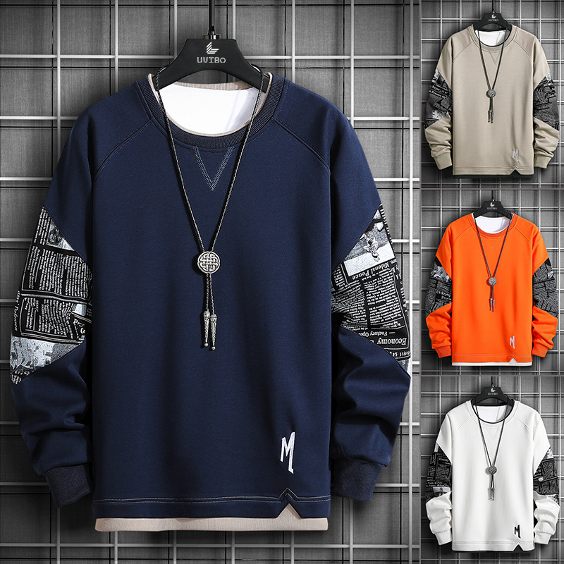 Spring and Autumn men's sweater new round neck top loose casual versatile stitching T-shirt fashion long sleeve pullover