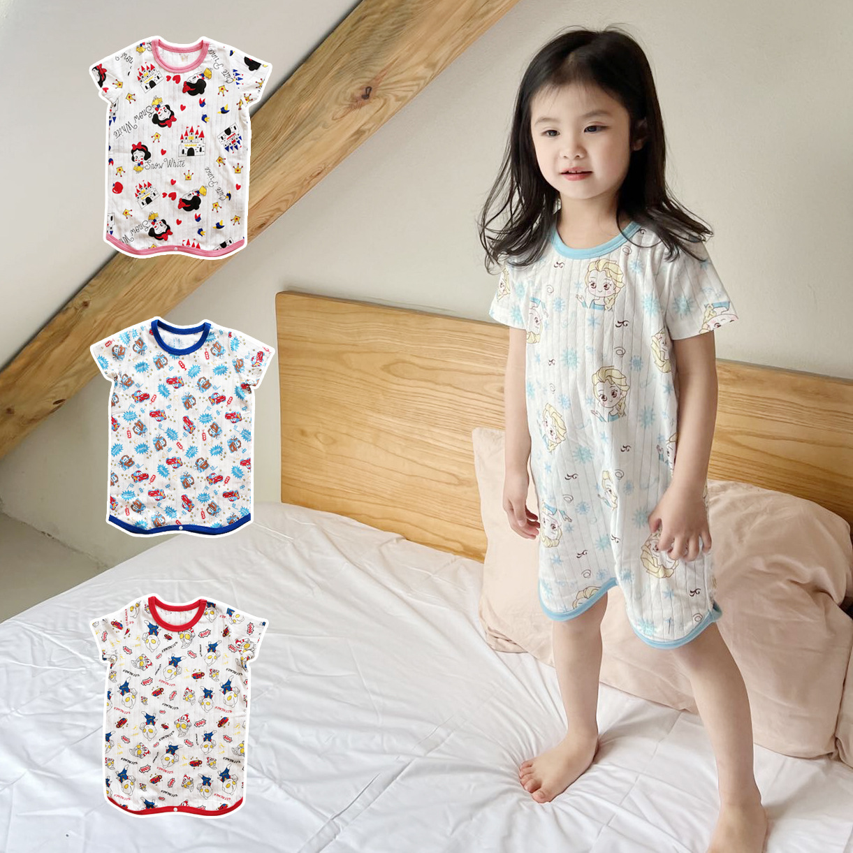 ins外贸男女童春夏睡袋儿童呼吸棉短袖睡袍宝宝家居两用连身睡裙