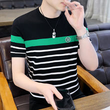 男士短袖恤夏季青年韩版潮流薄款条纹针织衫休闲冰丝半袖上衣服
