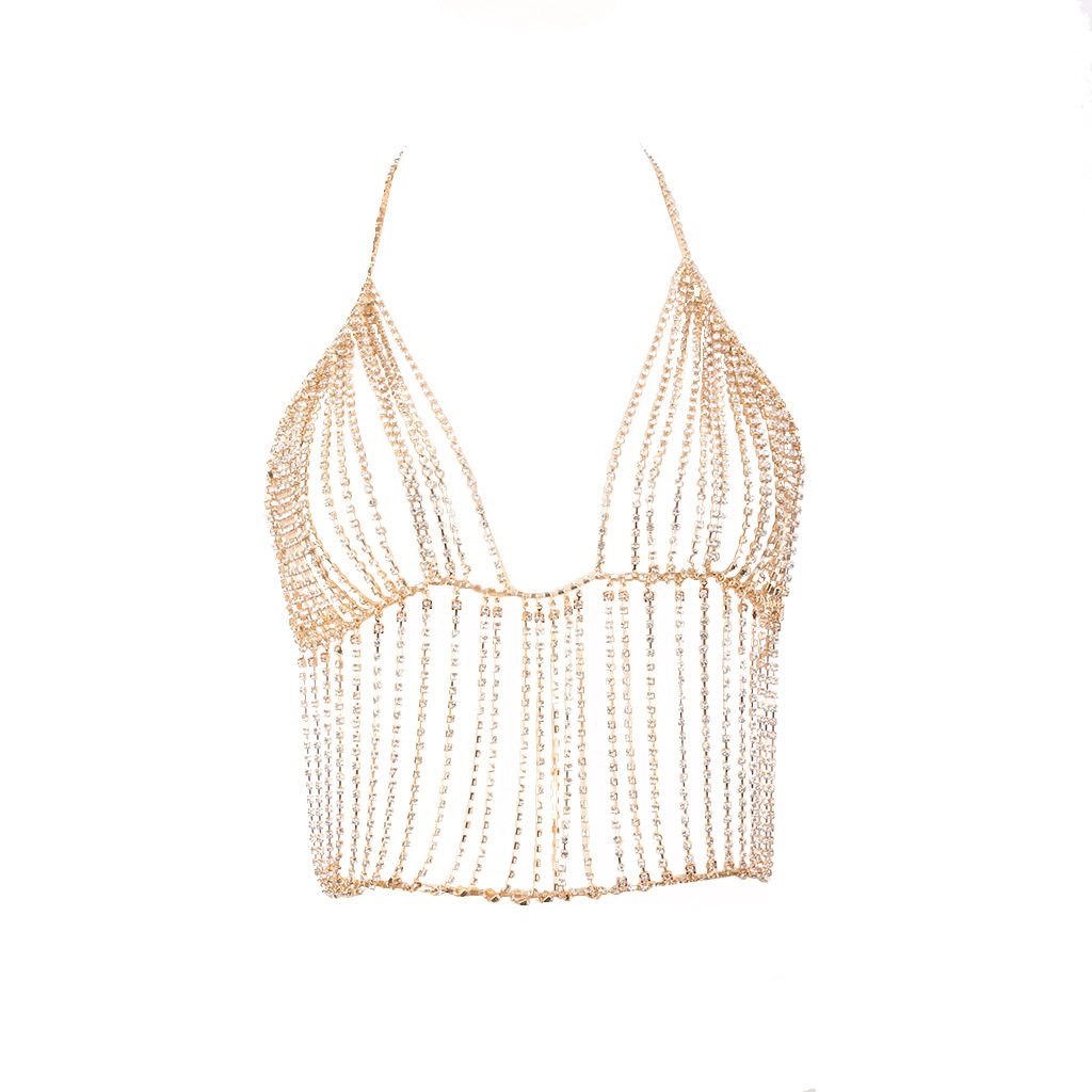 Joyería transfronteriza europea y americana moda de verano rhinestone sujetador falda traje sexy discoteca cadena de la cintura borla cadena del cuerpo femenino