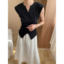 司南 感觉至上 通勤风剪刀小V领气质收腰前开叉短袖T恤 SN7141