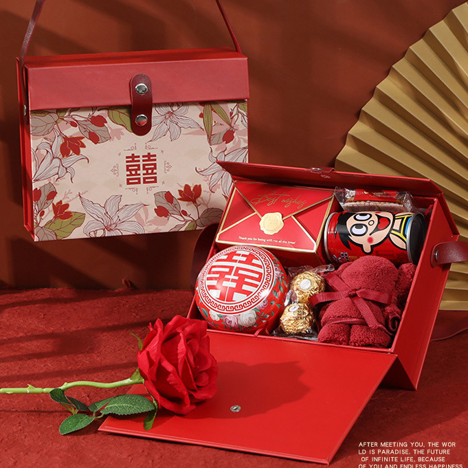 中式婚礼伴手礼礼盒翻盖盒创意长方形婚庆喜糖盒婚礼品包装盒现货