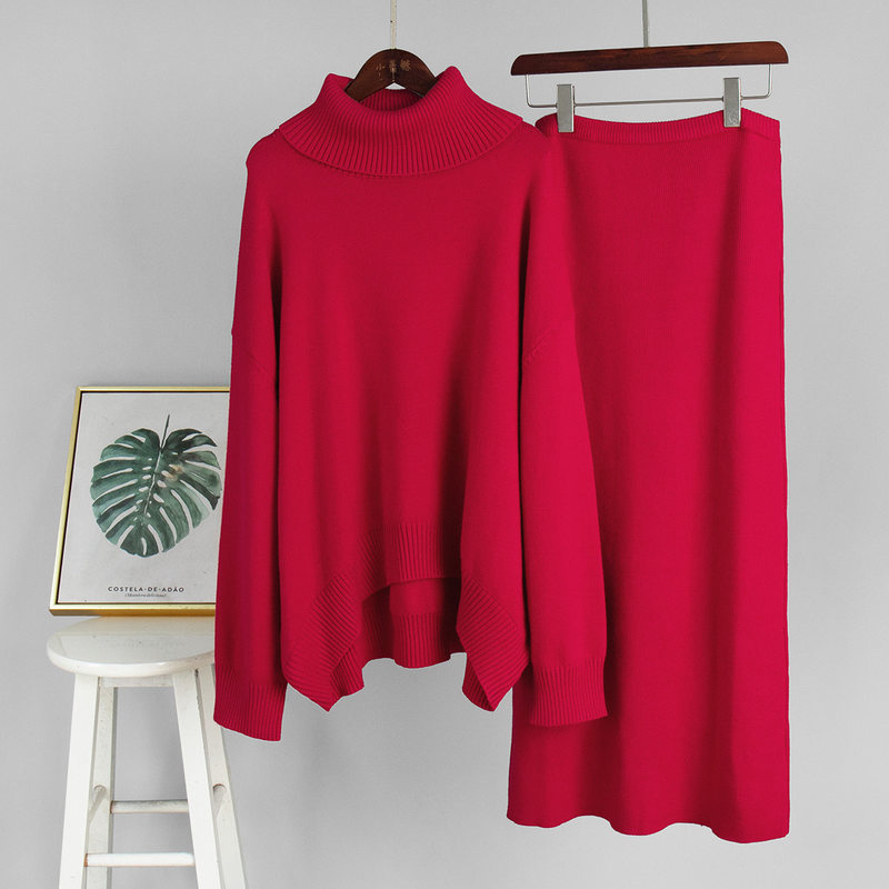 Bộ đầm áo len cổ cao dài tay phối chân váy dài dệt kim form rộng nữ — 50% Visco, 30% Polyester, 20% Nylon, Màu trắng be, Màu xanh lam, Màu xám
