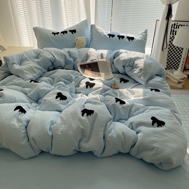 2024 nuevo estilo suave lazo toalla bordado nube lavada algodón funda edredón de cuatro piezas sábana sábana sábana simple y elegante