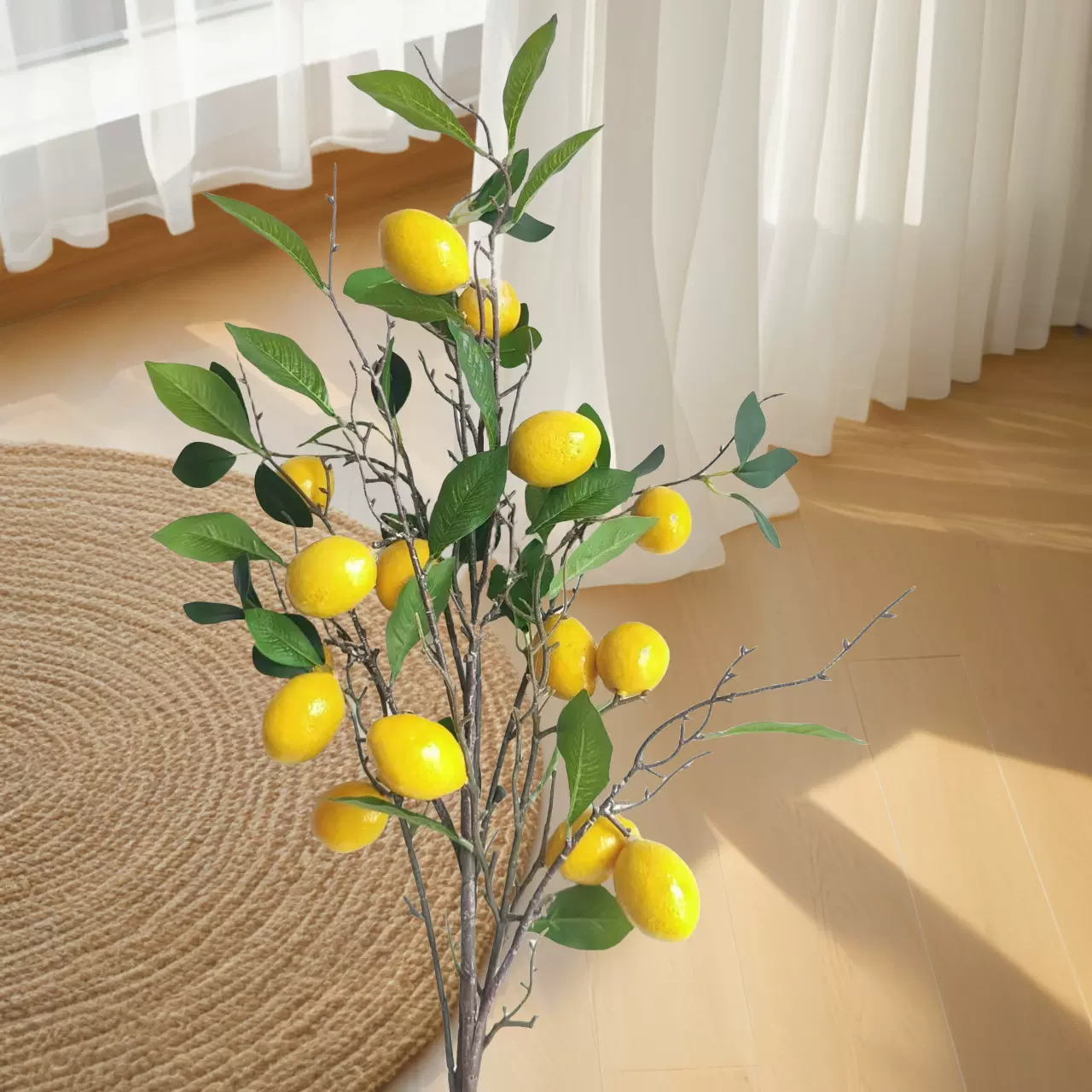 跨境仿真柠檬果柠檬树枝 树叶长枝家居装饰摆件落地盆景拍摄道具
