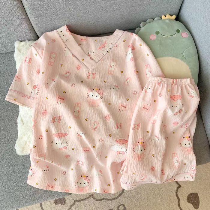 Vietnam transfronterizo transmisión en vivo estilo caliente verano con cuello en V nube pijamas de algodón pantalones de manga corta para mujer traje de servicio a domicilio para estudiantes de dibujos animados