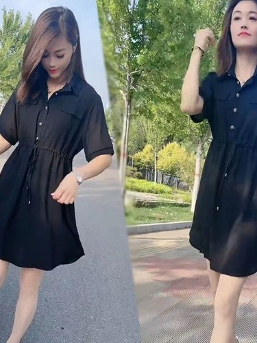 Chic Collared Shirt, Black Mini Skirt, Short-Sleeve, Cinched Waist, Slimming, Forest Style, Outerwear, Loose & Comfortable Dress