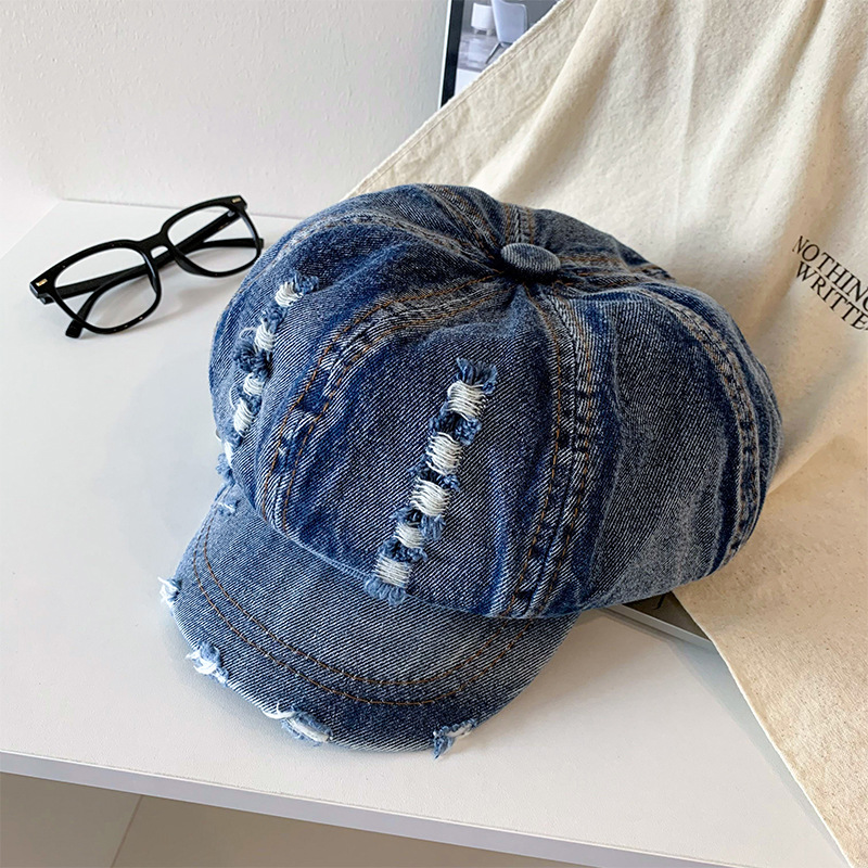 Denim coreano lavado hace vieja boina agujero mujer verano delgada cabeza grande sombrero de nubes pequeño sombrero de cara pequeña