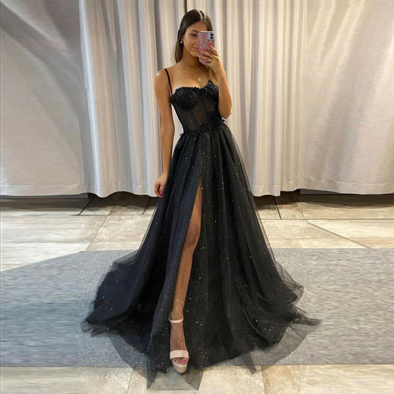 Europa y América del comercio exterior Amazon AliExpress deseo sexy nuevo largo elegante sexy negro adelgazamiento split vestido