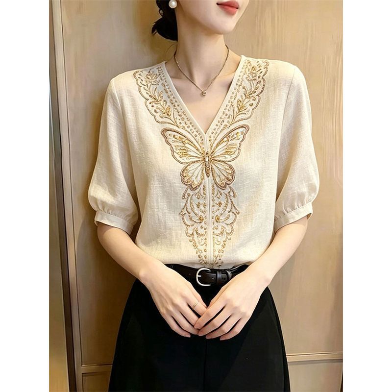 Artistic Retro Short-Sleeve Top, Thin Embroidered V-Neck Short-Sleeve, New Summer Style, Versatile Chinese-Style Elegant Women's T-Shirt Artistic Retro Short-Sleeve Top, Thin Embroidered V-Neck Short-Sleeve, New Summer Style, Versatile Chinese-Style Elegant Women's T-Shirt