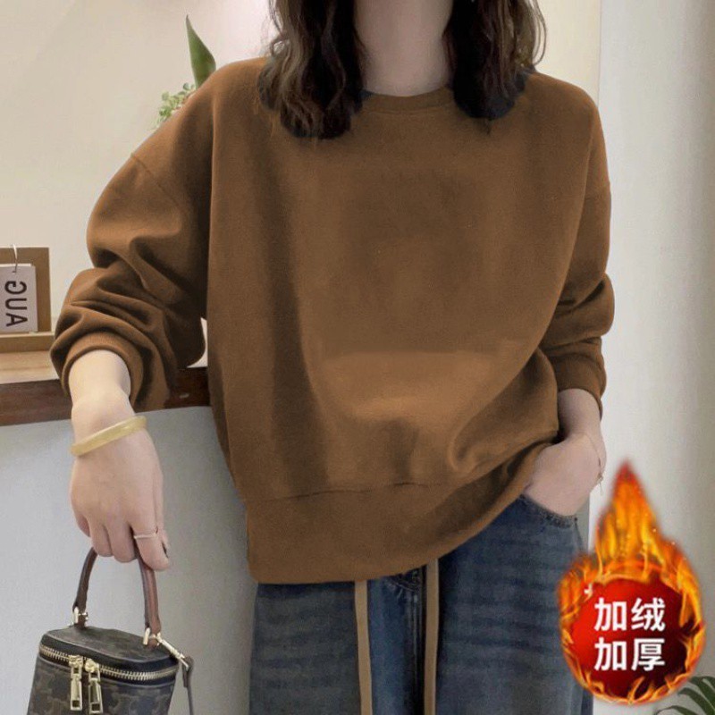 穿不腻!Bi眼入今年流行咖啡色圆领卫衣短款秋冬女2025新款加绒|undefined