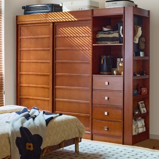 Nordic Solid Wood Wardrobe Household Small Apartment Storage Cabinet with sliding door Bedroom Retro Multi-function Wardrobe Storage Cabinet