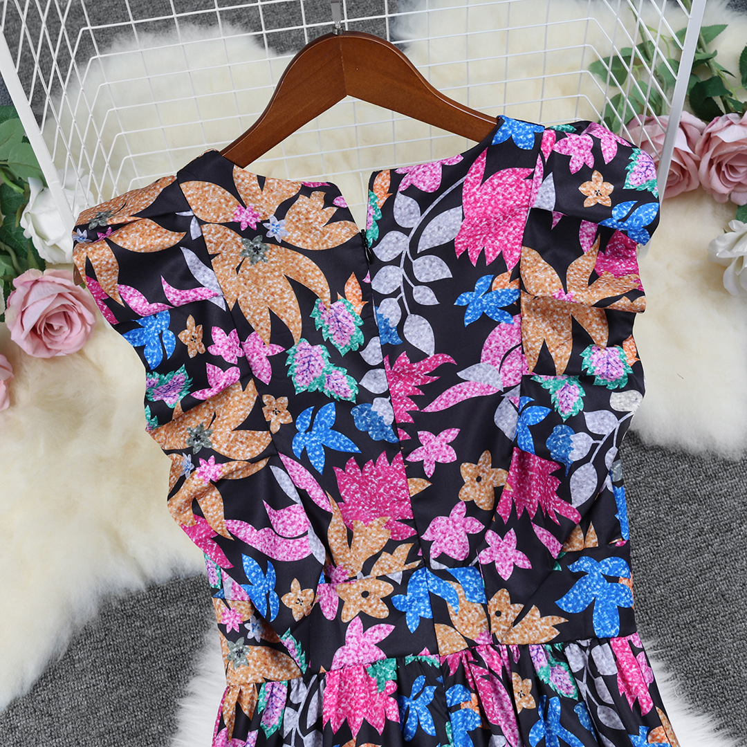 Summer Season Wholesale Women's Vacation Leaves Flower Daily Beach V Neck Sleeveless Swing Dress