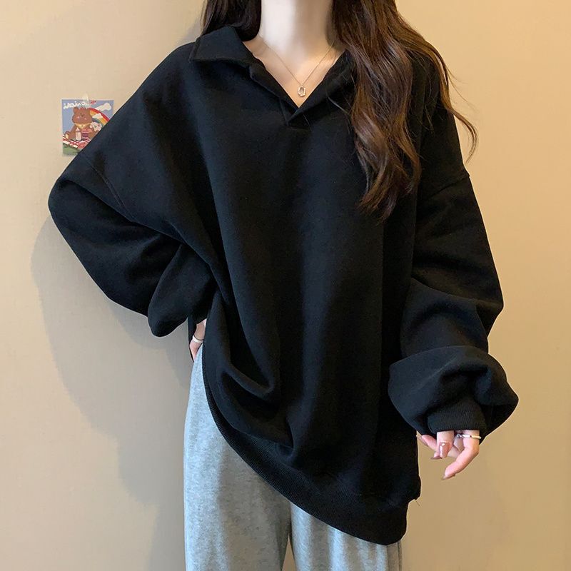 大码女士美式宽松长袖翻领卫衣女秋冬胖mm300斤oversize显瘦上衣|undefined