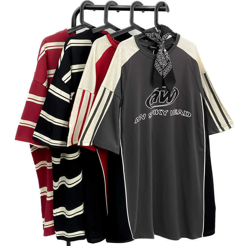 Extra Large Couple Summer New American Retro Contrast Color Patchwork Short Sleeve T-Shirt Men's and Women's High Street Hip-Hop Top