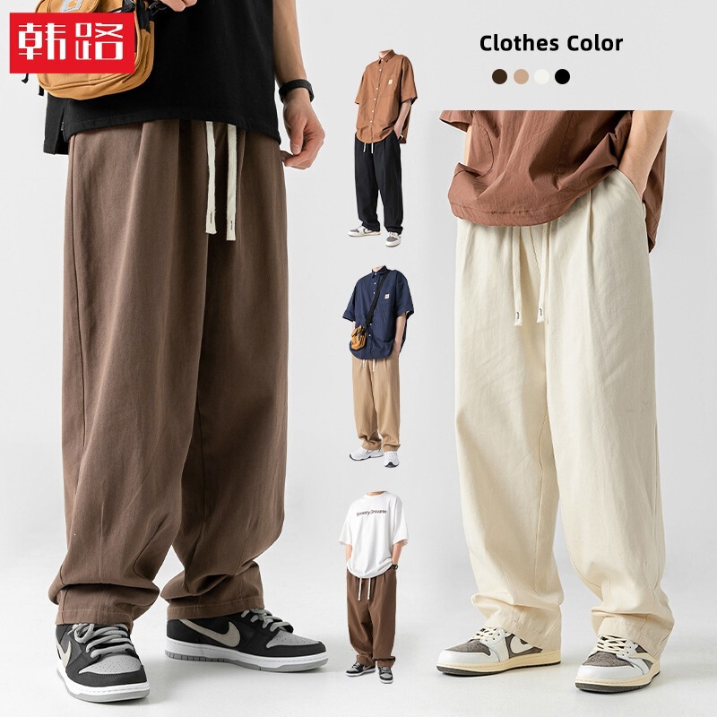 Japanese-style drapey pure cotton casual pants for men, 2025 spring vintage double pleat design, fleece-lined versatile long pants Japanese-style drapey pure cotton casual pants for men, 2025 spring vintage double pleat design, fleece-lined versatile long pants