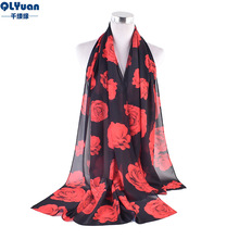 秋冬新品玫瑰印花高品质珍珠雪纺围巾纱巾女透气披肩围巾防晒