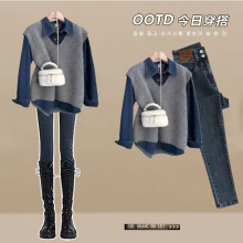 秋季大码女装2024胖mm盐系穿搭遮肉显瘦马甲牛仔衬衫铅笔裤三件套