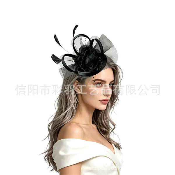Mesh feather headpiece, European-style vintage evening gown, bridal photo shoot headband, flower headdress, and hat