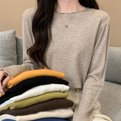 圆领木耳边打底衫女2025秋季新款宽松显瘦针织上衣高级感内搭毛衣