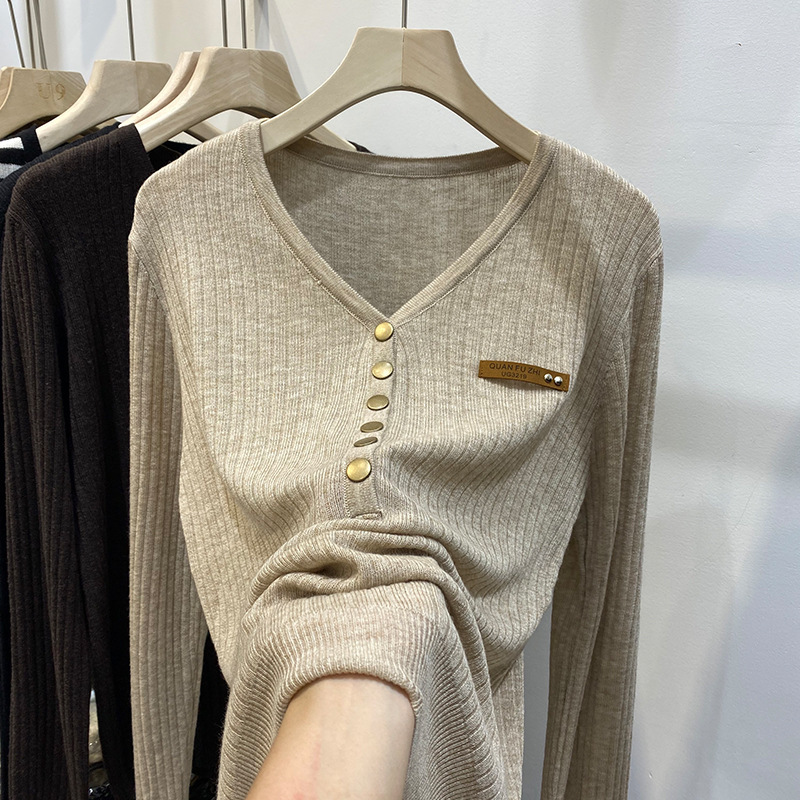 Women's Clothing base knitted sweater women autumn new style v neck long sleeved top pullover fashionable temperament inner sweater_voghion.com