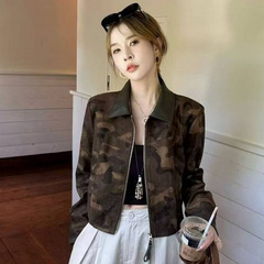 欧货翻领拼皮迷彩短款外套女2025秋季新款撞色翻领拉链夹克上衣潮