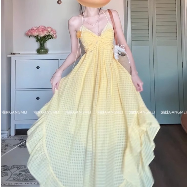 French Style Holiday Style Yellow Plaid Backless Sling dress Women's Summer Dopamine Beach Ambience Long Dress