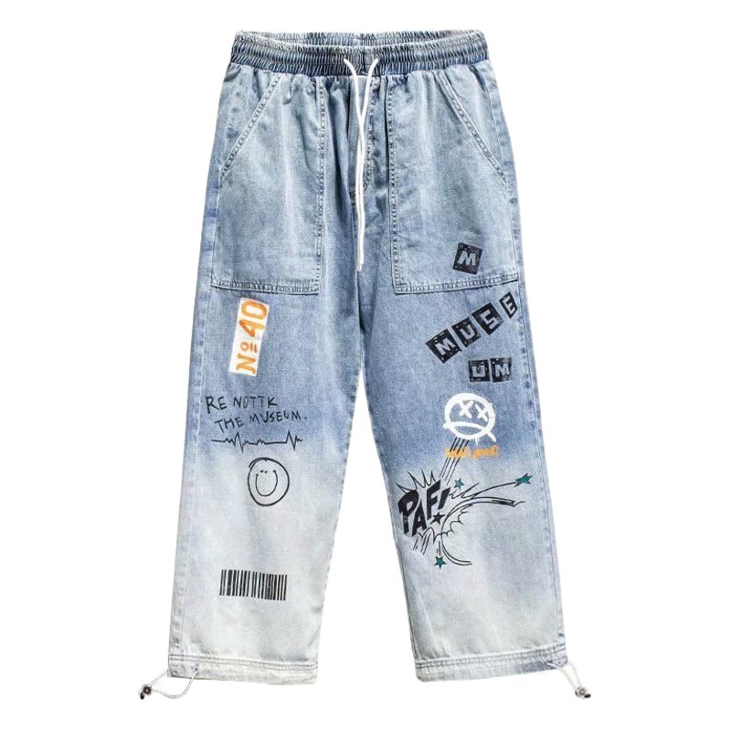 YOA otoño nueva letra impresa jeans hombres marca de moda suelta de dibujos animados graffiti tobillo atado pantalones ins cordón Pantalones