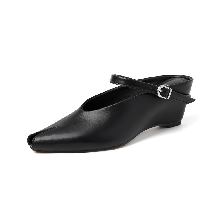 Sandal nữ hở mũi gót nêm cao da bò tăng chiều cao quai ngang — màu đen, màu trắng, màu mơ chi tiết 113