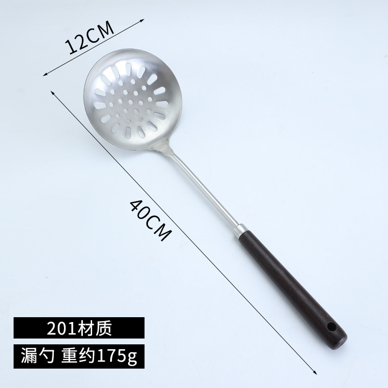 Paleta de acero inoxidable con mango de madera, juego de colador de cuchara, pala para cocinar en casa, mango largo, colador grueso, pala para freír, anti-escaldado