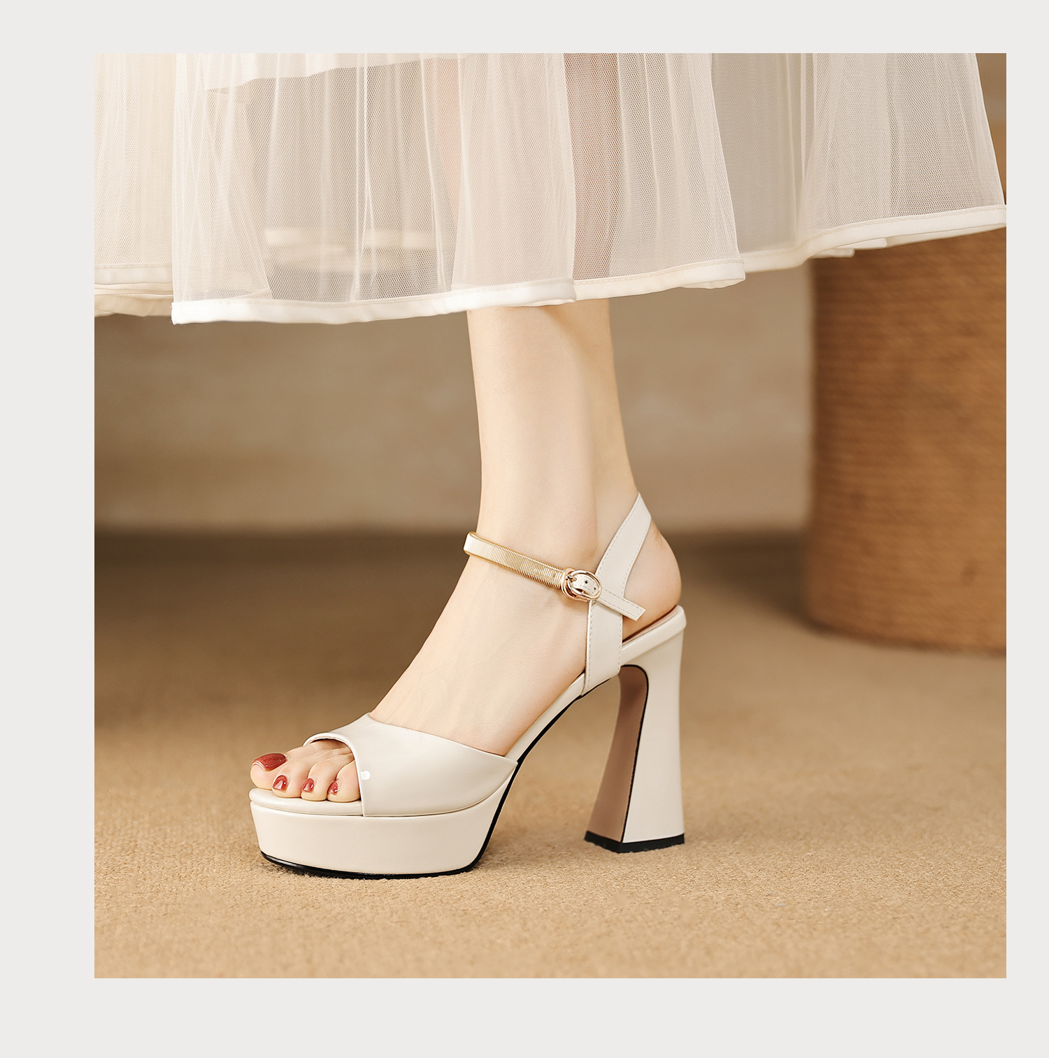 Sandal peep toe nữ quai ngang gót vuông platform đế cao 9 cm — màu đen, màu trắng ngà chi tiết 11