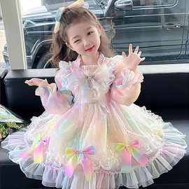 女童洛丽塔公主裙小女孩春秋2025新款洋气儿童蓬蓬彩虹网纱连衣裙