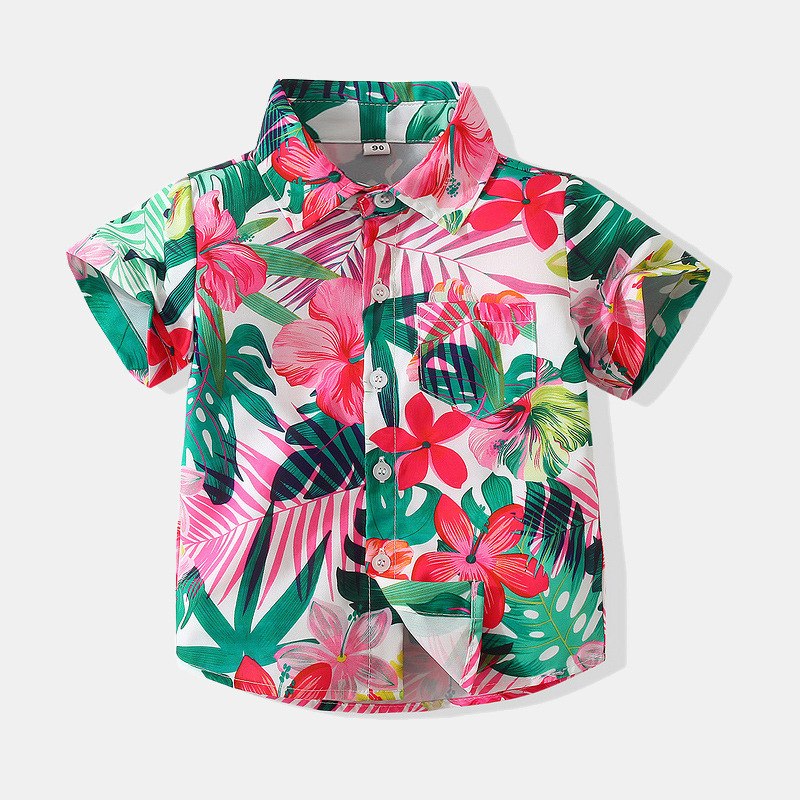 Vacaciones para niños ropa de playa camisa verano nuevo comercio exterior ropa para niños camisa floral de manga corta para niños europeos y americanos en stock