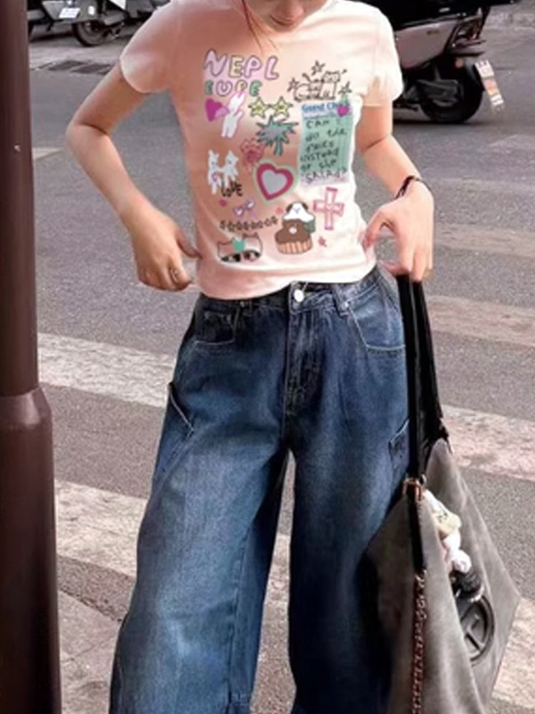 夏季新款卡通趣味印花设计感短袖T恤女小众百搭休闲外穿短袖上衣|undefined