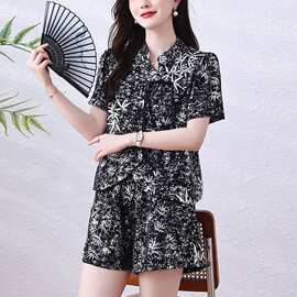 新中式印花上衣潮洋气套装女短裤两件套宽松大码女装夏季新款纽扣