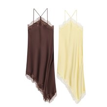 跨境女装批发 2025欧美风夏女装蕾丝饰丝缎质感不规则下摆连衣裙