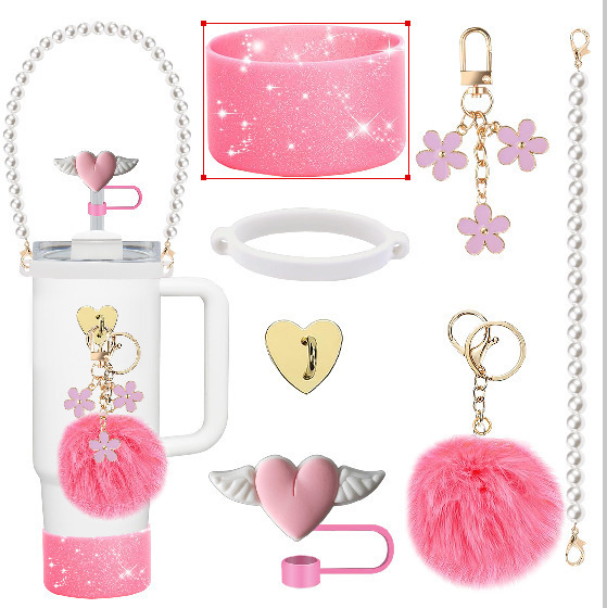 7pcs taza Stanley cuerda de mano colgante de silicona flor tapa de pajita bola de felpa colgante de copa cadena de taza de color