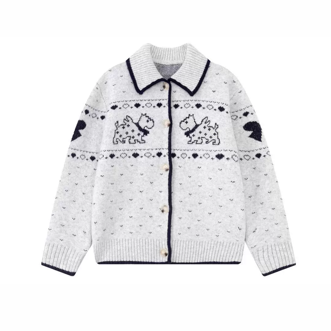 慵懒风复古秋季新款休闲百搭费尔岛针织开衫小狗提花翻领毛衣外套