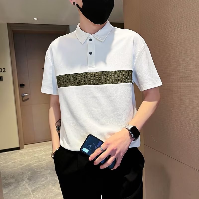 Pi shuai ins verano costura contraste color camisa POLO top hombre estilo Harajuku tendencia suelta y versátil camiseta de manga corta de cinco puntos